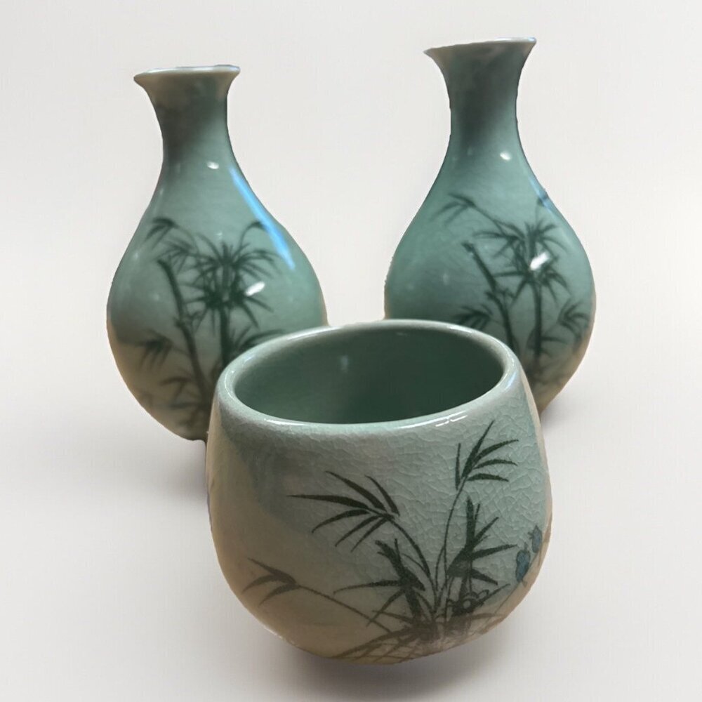 Pair Of 6” Matching Baan Celedon Vases And Cup With Hand Painted Bamboo & Birds